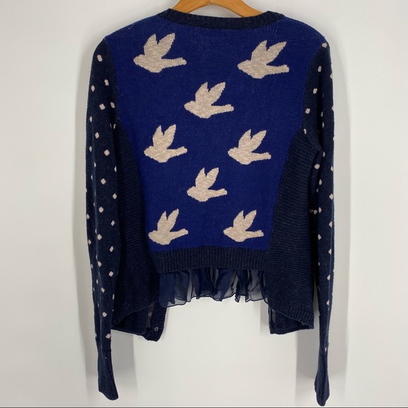 Anthropologie Leifnotes Blue Ruffled Flight Bird Button Front Sweater Cardigan - Picture 6 of 8